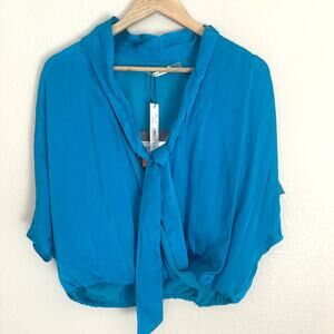 Alice + Olivia Silk Blue Tie Neck Blouse, Career Wear, Office, size XL NWT
